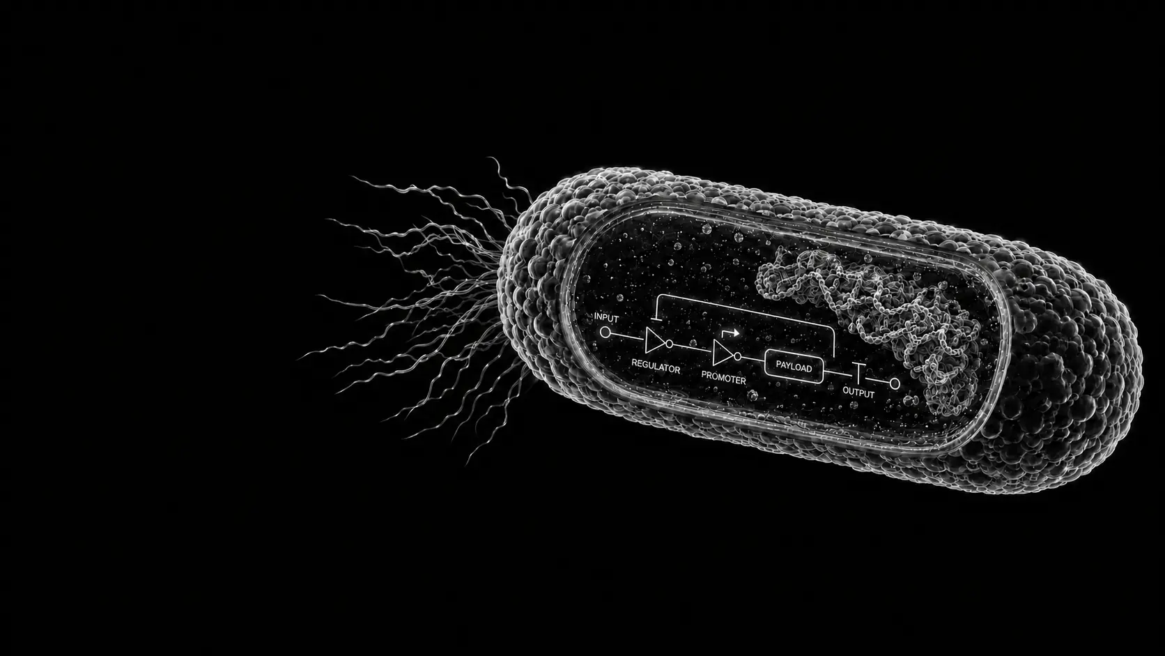 Engineered BactPac bacterium containing a diagrammatic genetic circuit for therapeutic payload production